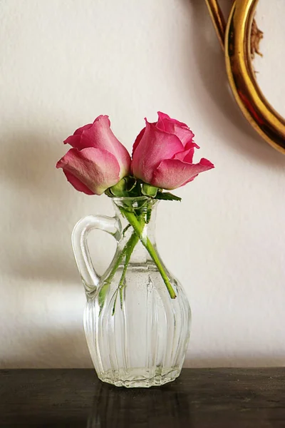 Dvě Růžové Růže Skleněném Džbánku Stále Ještě Živé Interiéry Měkké — Stock fotografie