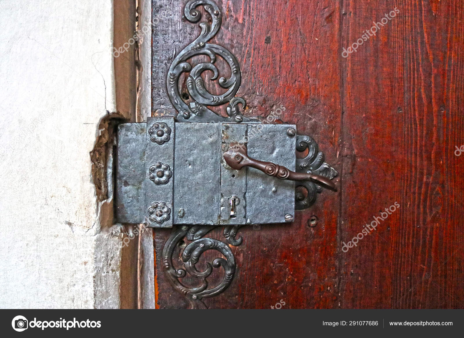 Details Old Church Wooden Door Bronze Handle Wrought Iron Decorations