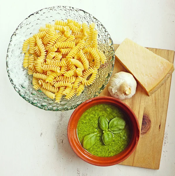 Mediterranean Cuisine Pasta Noodles Basil Pesto Genovese Sauce Garlic Parmesan — Stock Photo, Image