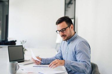 Mutlu genç işadamı onun ofis masasında dizüstü bilgisayar kullanarak kağıt grafikleri ve grafikler bakarak