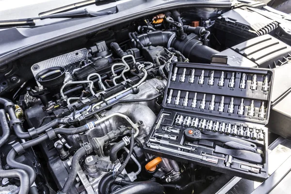 Car Engine Bay with Tool Box. — Stock Photo, Image