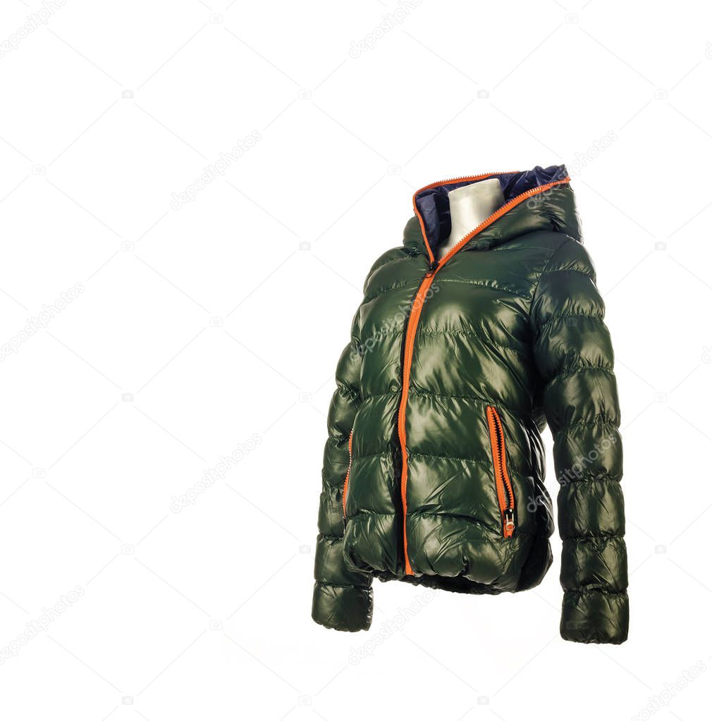 Green Down Winter Jacket, Side View.
