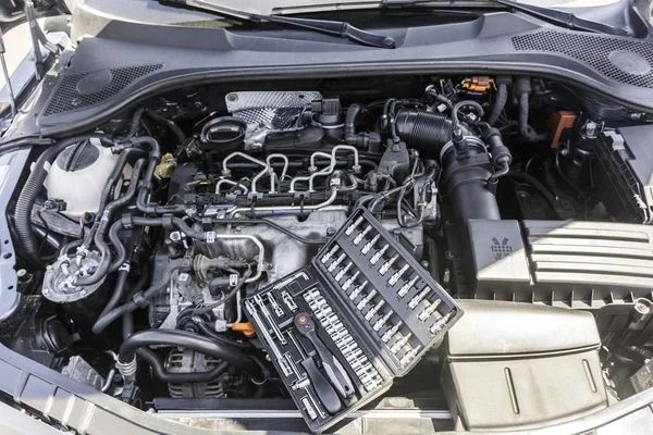 Car Engine Bay with Tool Box. — Stock Photo, Image