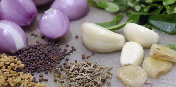 Soğan Sarımsak Hardal Köri Rezene Tohumu Asya Mutfağı Hazırlama — Stok fotoğraf