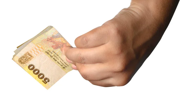 Bir kız parayı elinde tutuyor. Rüşvet, kara para, intikam, kâr. Kapat. Beyaz izole arkaplanda hareket var