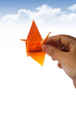 Origami Uçan Kuş Turnası. İzole edilmiş beyaz arka plan. Motivasyon için kavramsal fikir. Gökyüzü sınırdır.. 