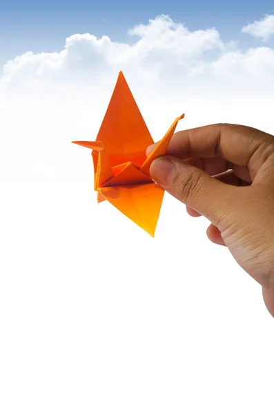 Origami Uçan Kuş Turnası. İzole edilmiş beyaz arka plan. Motivasyon için kavramsal fikir. Gökyüzü sınırdır.. 
