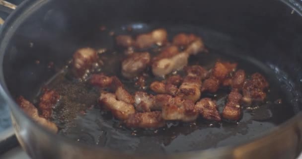 Bacon slices frying on pan with sour cream closeup. traditional Russian, Belarusian, Ukrainian meal Machanka — Stock Footage Bacon slices frying on pan with sour cream closeup. traditional Russian, Belarusian, Ukrainian meal Machanka Stock Video