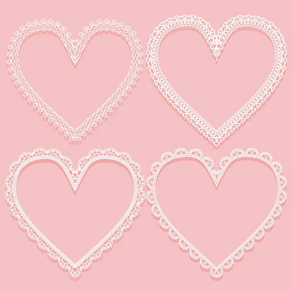 Набір Ажурних Білих Рам Формі Мереживних Сердець Дизайн Елементів Рожевому — стоковий вектор