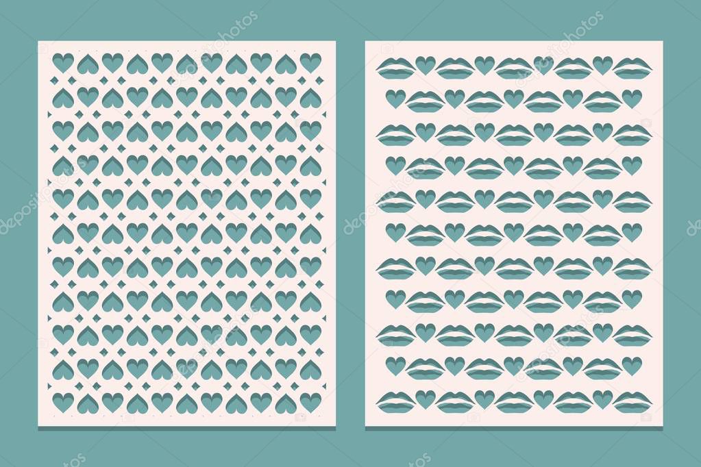 Templates panels for cutting with hearts for Valentines day. May be used for laser cut. Openwork background. Vector illustration