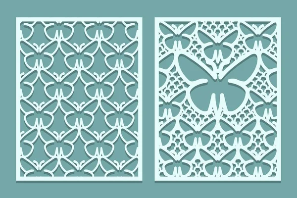 Ölmek ve lazer panelleri desenleri kelebekler ile dekoratif dantel kesti. Yer imleri şablonları kümesi. Kabin oyma işi masası. Lazer kesim metal ekran. Ahşap veya kağıt oyma. Vektör çizim