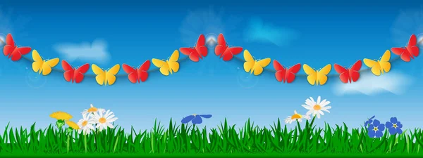在草地 花朵和天空的背景下 红黄纸蝴蝶的无缝花环 网站页眉或横幅的模板 矢量插图 — 图库矢量图片