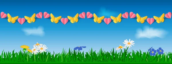 黄色纸蝴蝶的无缝水平花环和粉红色的心 花和天空的背景 网站页眉或横幅的模板 矢量插图 — 图库矢量图片
