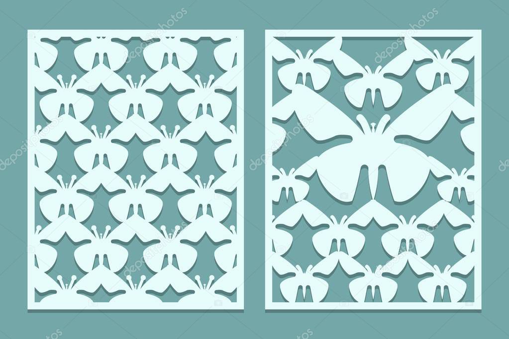 Die and laser cut ornate lace panels patterns with butterflies. Set of bookmarks templates. Cabinet fretwork panel. Laser Cut metal screen. Wood or paper carving. Vector illustration