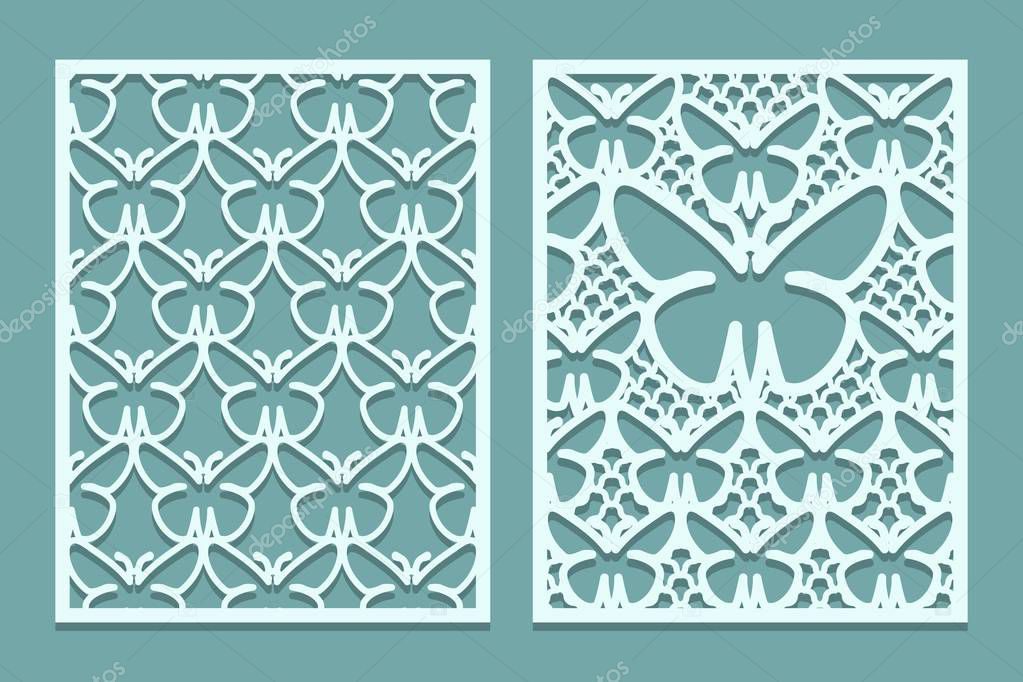 Die and laser cut decorative lace panels patterns with butterflies. Set of bookmarks templates. Cabinet fretwork panel. Laser Cut metal screen. Wood or paper carving. Vector illustration