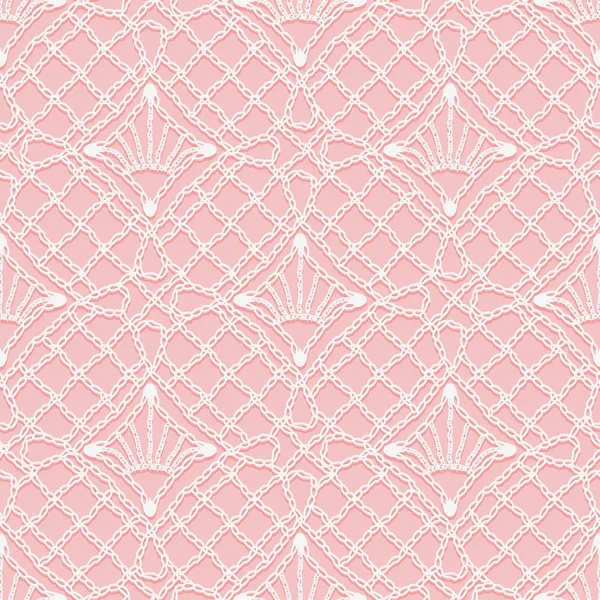 ニット レースのシームレスなパターン 白いヒンジとピンクの背景の飾りのスレッド ベクトル図 — ストックベクタ
