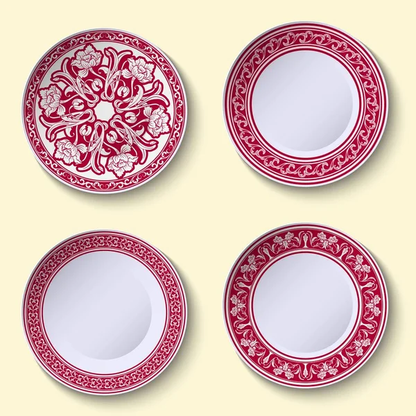 陶材の中国絵画のスタイルで赤い民族パターンと装飾磁器の皿のセットします ベクトル図 — ストックベクタ
