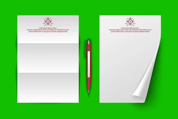 Mockup Ballpoint Pen Template Laying Sheets Paper Letter Monogram Folded — Stock Vector