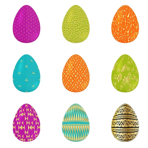 Set Colorful Realistic Easter Eggs Decorated Golden Stripes Dots Flowers — Stock Vector