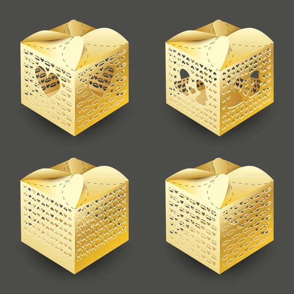 Set Von Realistischen Sammlung Von Bunten Goldmuster Geschenkbox Mit Geschnitzten — Stockvektor