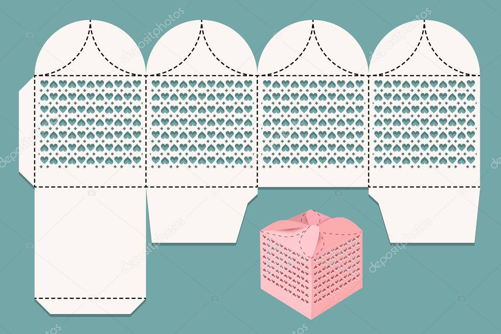 Cutout box. Scan layout for laser cutting and visualization. Gift box for a gift to guests at a wedding. Vector illustration.