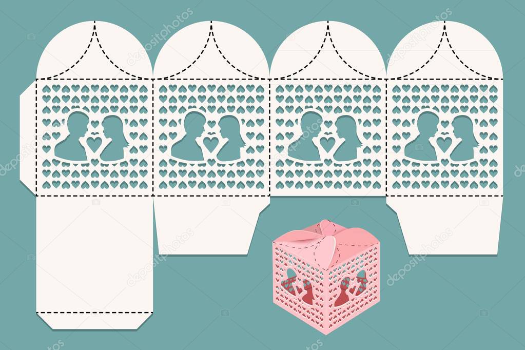 Box for wedding gifts for guests and newlywed. Cutting pattern and view of the assembled box. Vector illustration