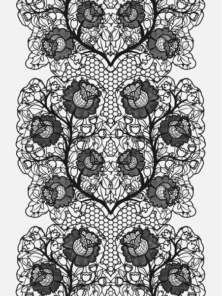 Lace Seamless Belt Embroidered Flowers Vertical Black Pattern White Background — Stock Vector