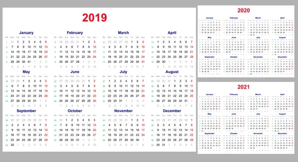 Kalender Voor 2019 2020 2021 Jaar Rasterinstelling Week Begint Maandag — Stockvector