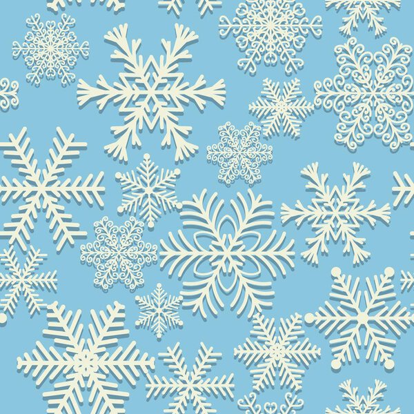 Seamless winter pattern white snowflakes on blue background design. Set of snowflakes. Vector illustration.