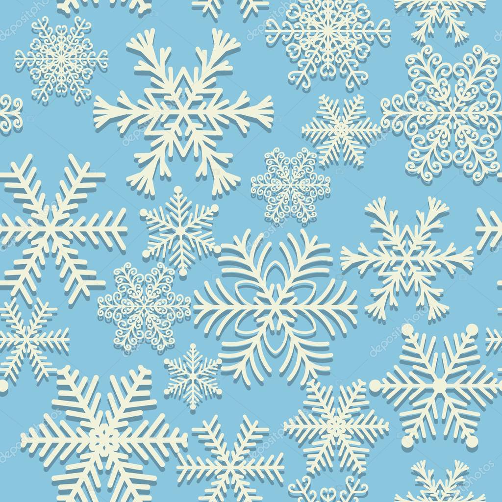 Seamless winter pattern white snowflakes on blue background design. Set of snowflakes. Vector illustration.