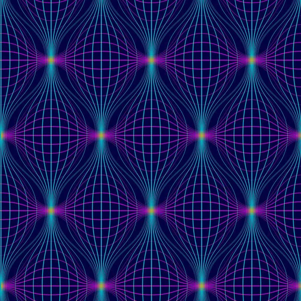 抽象的なシームレス パターン ネオン線と幾何学的な背景 デジタル ワープ グリッドを繰り返し ベクトル図 — ストックベクタ