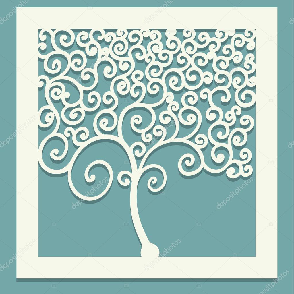 Square tree with curls. Decorative panel for cutting paper cards, design elements, scrapbooking and other. Laser cut. Vector illustration.
