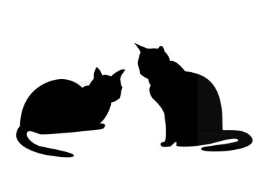 Beyaz üzerine izole edilmiş kedi siluetleri. İki siyah anahat.