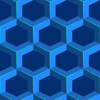 Dikişsiz geometrik hacimsel desen. Mavi izometrik petek arka plan.