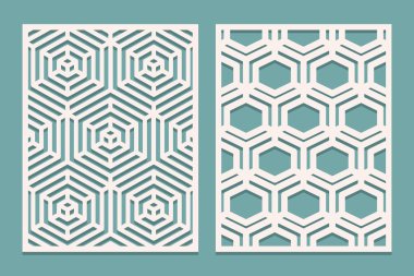 Die kesme kartı seti. Geometrik desenli lazer kesim süs panelleri. Baskı, gravür, lazer kesim kağıdı, ahşap, metal, şablon imalatı için uygundur.