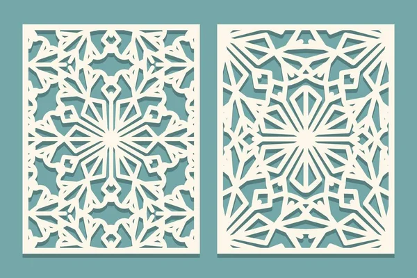 Die cut cards. Laser cut ornamental panel with snowflakes pattern. Cutout silhouette with winter ornament Suitable for printing, engraving, cutting paper, metal, stencil making. — Stock Vector