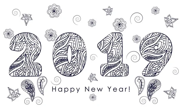 Patterned figures 2019. Happy new year congratulations. Mehndi style of painting — Stock Vector