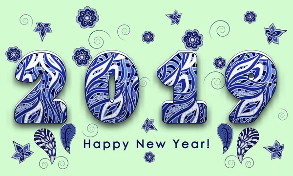 Blue Patterned painted figures 2019 happy New year greetings with small elements — Stock Vector