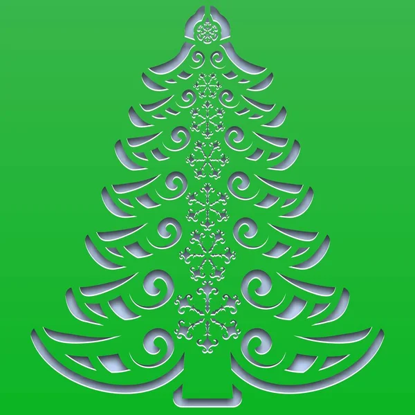 正方形の紙に刻まれた雪片を持つ模様のクリスマスツリー. — ストックベクタ