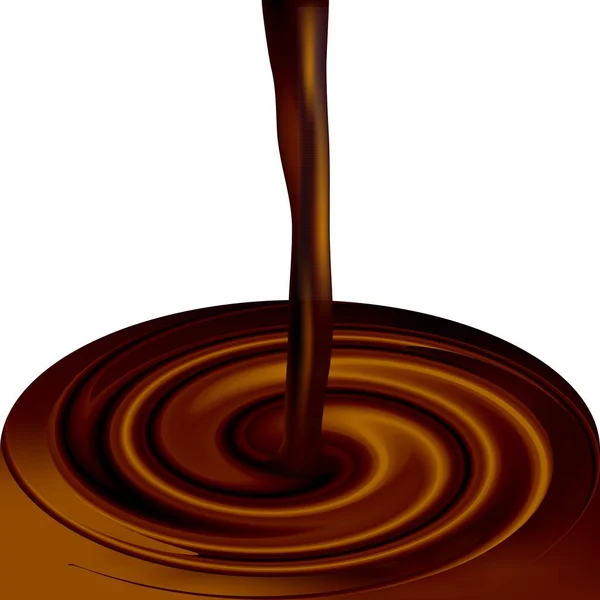 Realistic coffee or cocoa liquid flow and whirlwind Golden brown color. Whirl of of pouring chocolate milk. Trickle and Swirl of molten of chocolate mousse gloss. — Stock Vector