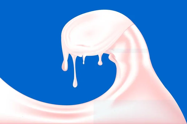 Fluente e spruzzi di colore rosa liquido. Yogurt o latte texture realistica idromassaggio. panna acida rovesciata isolata su fondo blu . — Vettoriale Stock