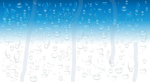 Gotas de lluvia sobre el vidrio transparente. Fondo fluido. Imagen realista de gotas de lluvia o vapor contra el cielo . — Vector de stock