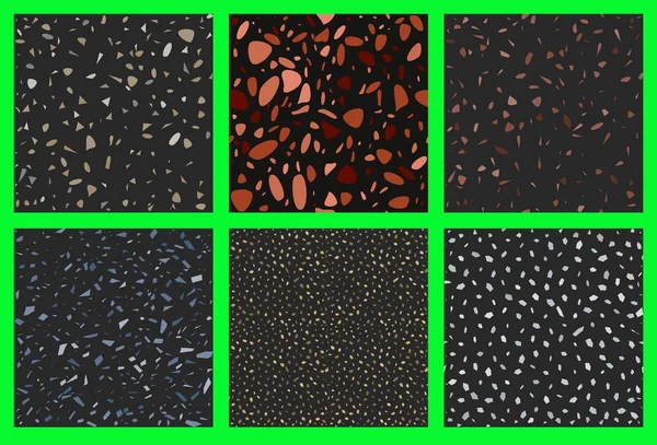 Six seamless terrazzo colorful patterns. Unique repeating pattern of dark background. Granite textured shapes with gloss. — Stock Vector