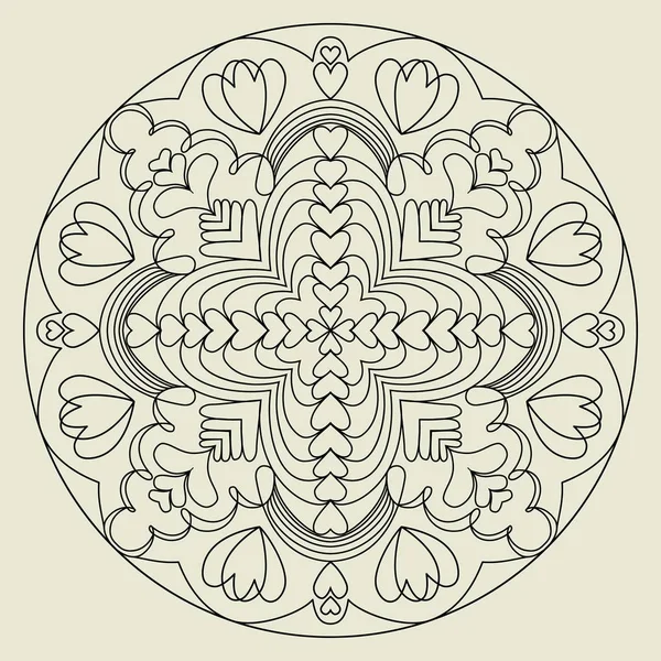 Målarbok sida. Cirkulär mönster i form av Mandala med hjärta för Henna, Mehndi, tatuering, dekoration. Dekorativa prydnad i etnisk orientalisk stil. — Stock vektor