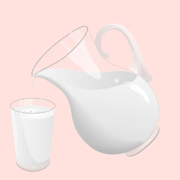 Jarra realista de leche blanca y vaso de leche. Goteo y vertido en vidrio transparente con salpicadura aislada sobre fondo rosa . — Vector de stock