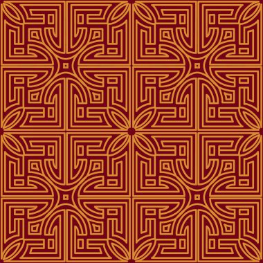 Kırmızı arka plan üzerinde etnik tarzı altın Çin dikişsiz desen. Kabile klasik süs fon doku. Dekoratif baskı. Tekrar geometrik süs.