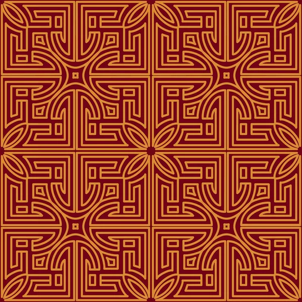 빨간색 배경에 민족 스타일의 금에 중국어 원활한 패턴. 부족 클래식 장식 배경 질감입니다. 장식 인쇄. 기하학적 장식 반복. — 스톡 벡터