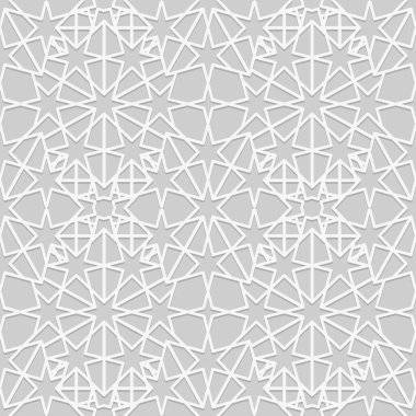 Arapça, pürüzsüz bir model. İslam geçmişi. Geometrik Müslüman süsü arkaplanı. Gri renk paleti üzerine beyaz. Geleneksel Arap duvar kağıdı.