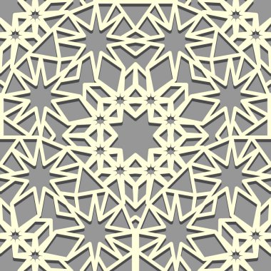 Sekiz köşeli yıldızlı kusursuz beyaz doğu deseni. İslam geçmişi. Arapça doğrusal doku.