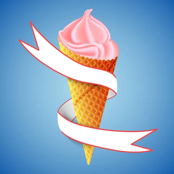 Клубничное или ягодное мороженое. 3d реалистичный объект. Реклама ленты с надписью, обернутой вокруг мороженого. Изолированный на синем фоне — стоковый вектор